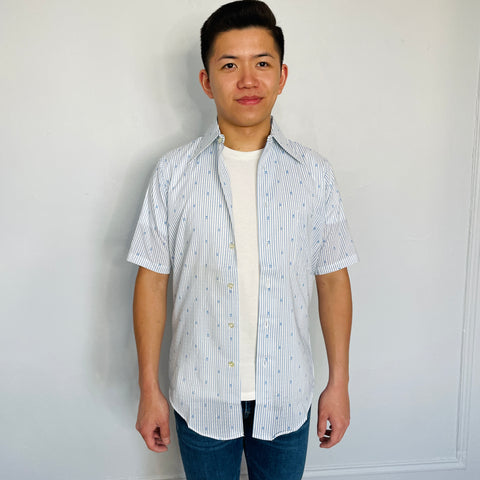 70s Blue and White Dagger Collar Workwear Shirt Size S