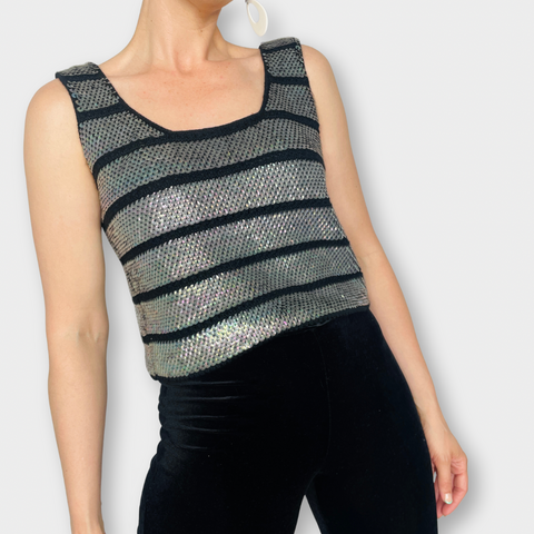 70s Rainbow Iridescent Crochet Sleeveless Top Size M