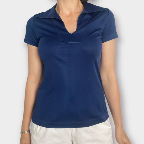 70s Ship and Shore Navy Dagger Collar Shirt Size M