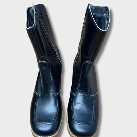 70s Black Leather Faux Fur Lined Boots Size 6.5