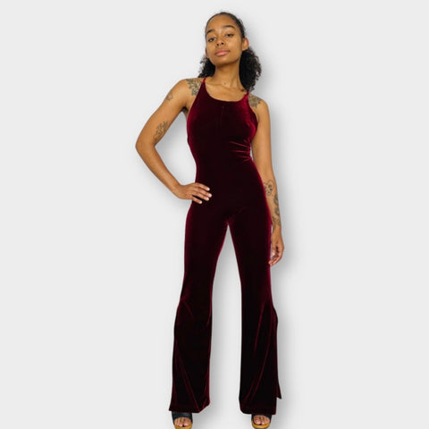 70s Mitra Modelle Burgundy Velour Bellbottom Jumpsuit Size XS
