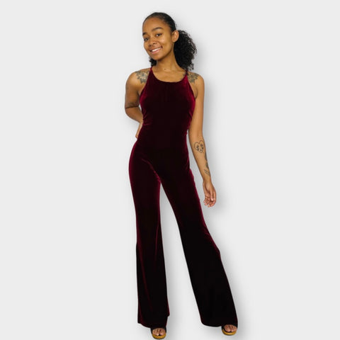 70s Mitra Modelle Burgundy Velour Bellbottom Jumpsuit Size XS