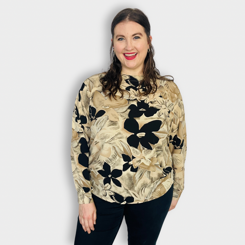 90s Alfred Dunner Tan and Black Floral Blouse