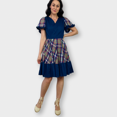 70s Sears Navy and Plaid Square Dancing Dress Size L