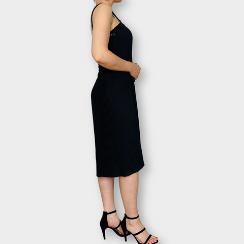 70s Themes Black and Sequin Accordion Pleated Midi Dress Size M