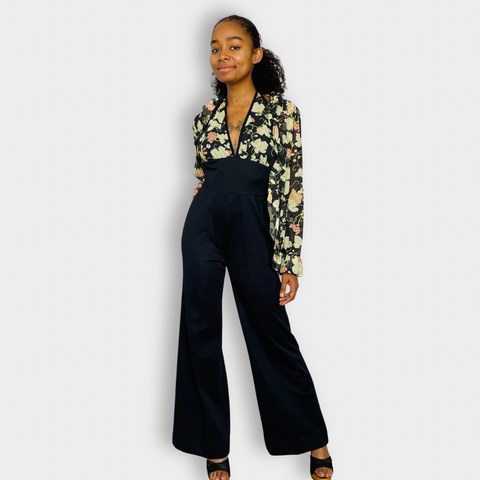 70s Jerell of Texas Black with Floral Halter Top Jumpsuit Set XS