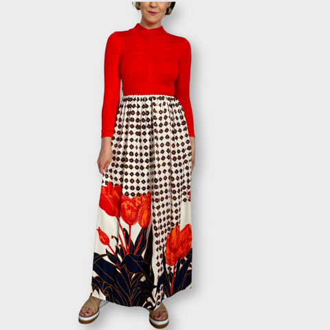 70s Red Top with Navy, Red and Orange Floral Skirt Maxi Dress
