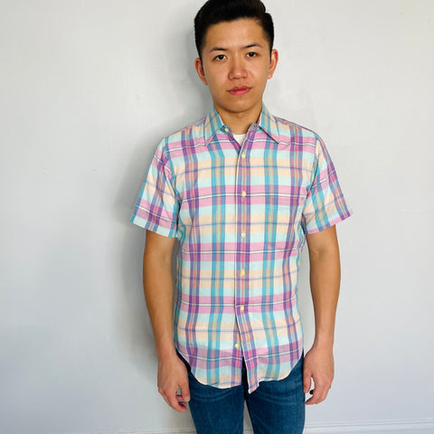 80s John Wanamaker Short Sleeve Plaid Button Down Size S