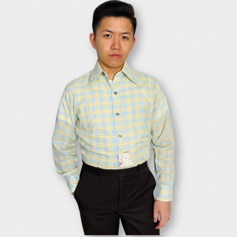 70s Blue and Yellow Dagger Collar Button Down Size S