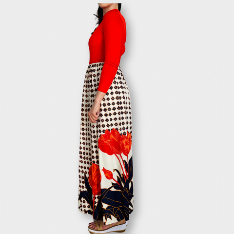 70s Red Top with Navy, Red and Orange Floral Skirt Maxi Dress Size XS
