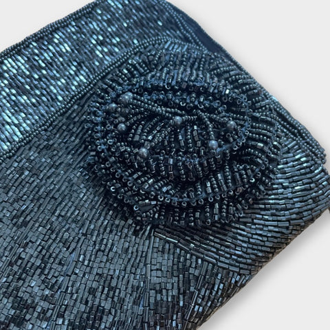 70s Black Bugle Bead Special Occasion Clutch Purse