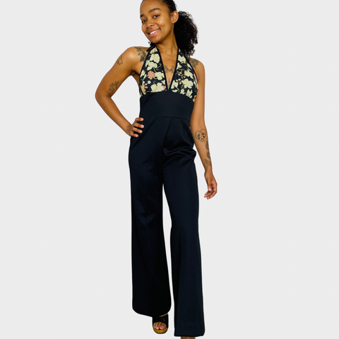 70s Jerell of Texas Black with Floral Halter Top Jumpsuit Set XS