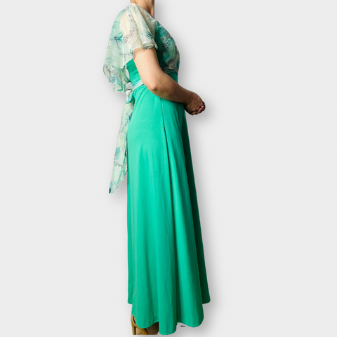 70s Seafoam Green Long Dress with Cape Overlay