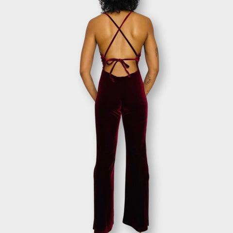 70s Mitra Modelle Burgundy Velour Bellbottom Jumpsuit Size XS