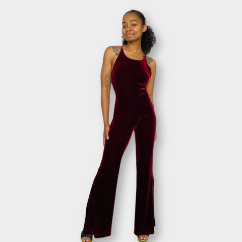 70s Mitra Modelle Burgundy Velour Bellbottom Jumpsuit Size XS
