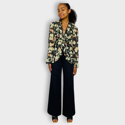 70s Jerell of Texas Black with Floral Halter Top Jumpsuit Set XS