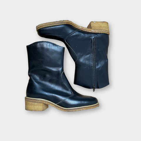 70s Black Leather Faux Fur Lined Boots Size 6.5