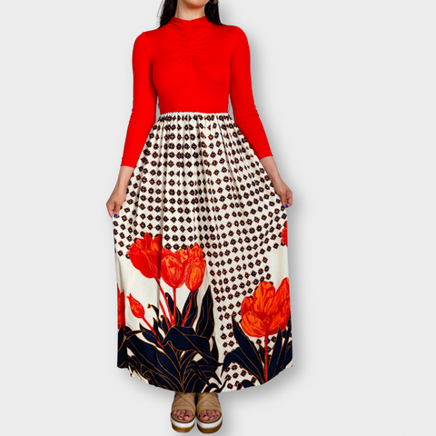 70s Red Top with Navy, Red and Orange Floral Skirt Maxi Dress Size XS