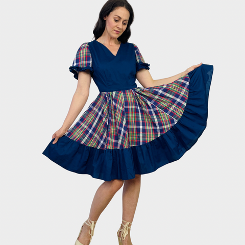 70s Sears Navy and Plaid Square Dancing Dress Size L