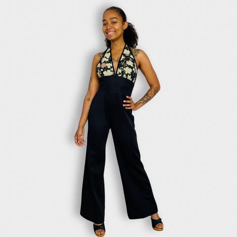 70s Jerell of Texas Black with Floral Halter Top Jumpsuit Set XS