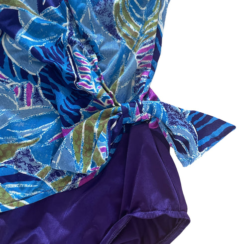 80s Purple and Blue One Piece Swimsuit Size L