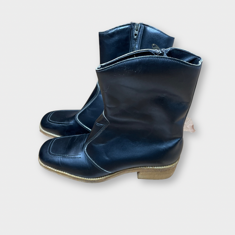 70s Black Leather Faux Fur Lined Boots Size 6.5