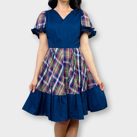 70s Sears Navy and Plaid Square Dancing Dress Size L