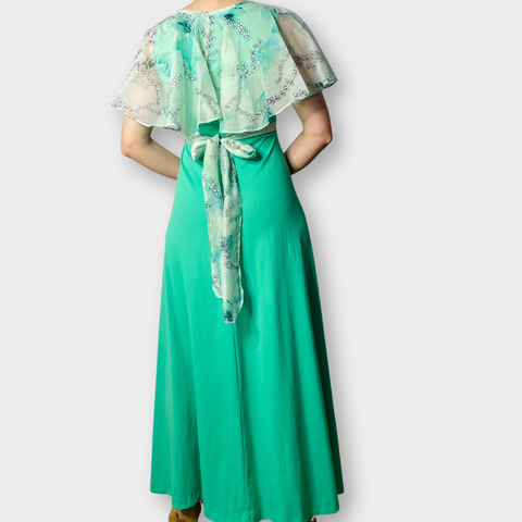 70s Seafoam Green Long Dress with Cape Overlay