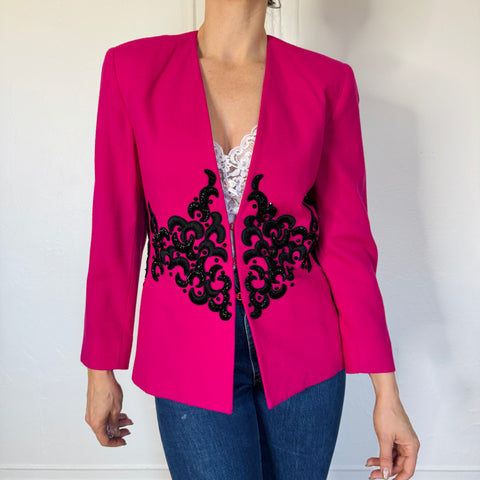 90s Lillie Rubin Pink Blazer with Black embellishment Size M