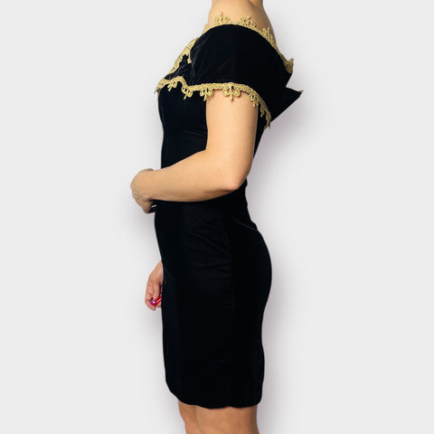 90s Steppin’ Out Black Velvet Dress with Gold Lace Size XS