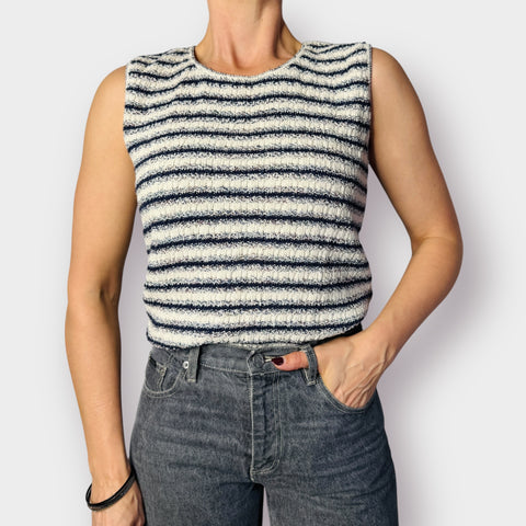 90s Croft & Barrow Navy Cream Woven Sleeveless Top Size M