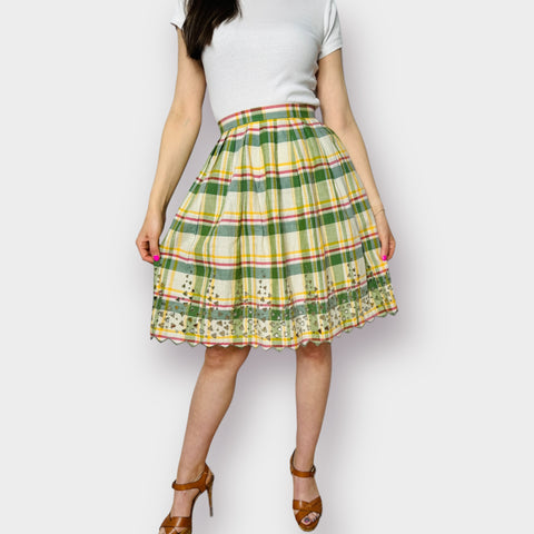 70s Green Yellow Plaid Skirt with Cut-Out Edges