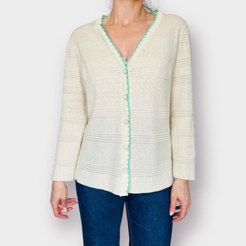 70s Cream Cardigan with Teal Trim Size L