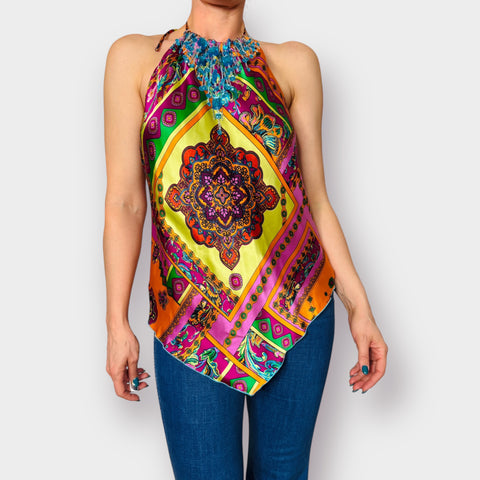 2000s Andrea Behar Silk Jeweled Top Size L