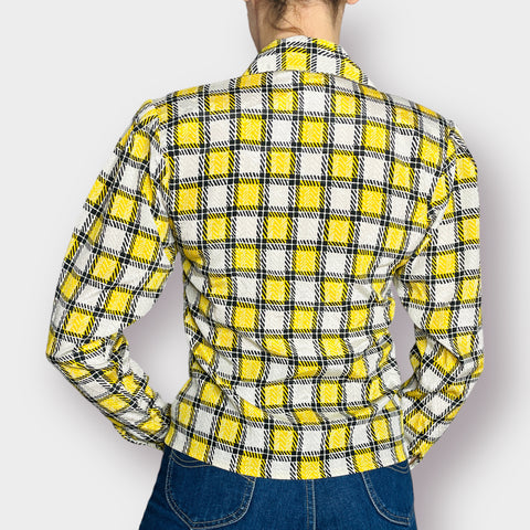 80s Notches Yellow and Black Checkered Button Front Blouse