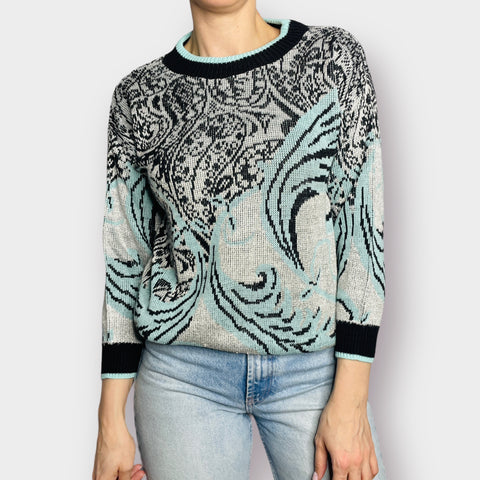 80s Teal and Black Sweater w/ Metallic Thread