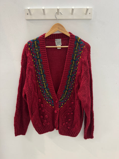 80s IVY Handknit Cranberry Cardigan Size L