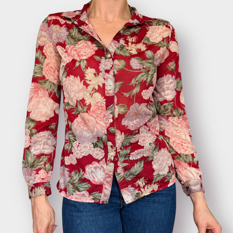 70s Personal Sheer Red Tropical Floral Blouse Size S