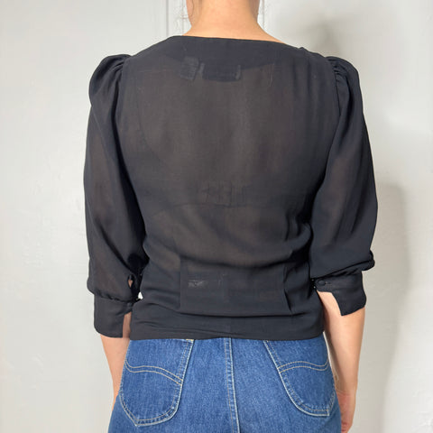 80s Jessica Martin Black Sheer Blouse Size S