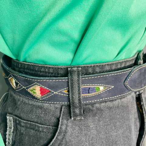 90s Navy Suede Leather Belt With Colorful Western Insets