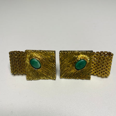 60s Art Deco Gold Tone Cufflinks and Tie Tack Set with Green Stone