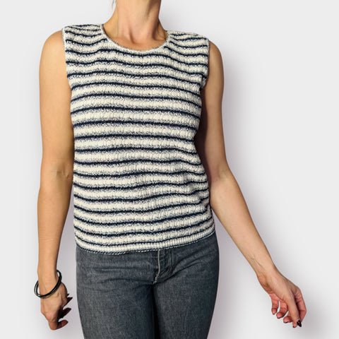 90s Croft & Barrow Navy Cream Woven Sleeveless Top Size M