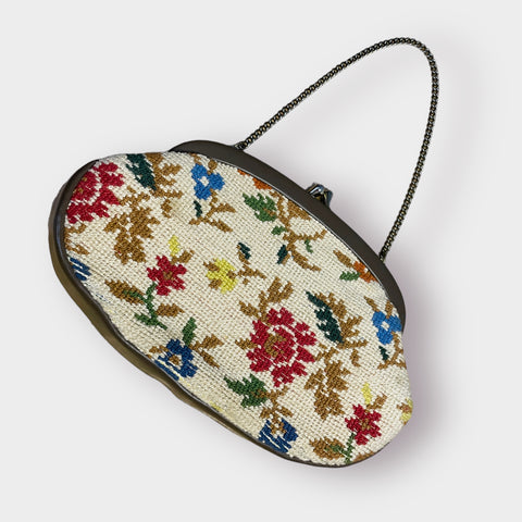 70s Floral Needlepoint Tapestry and and Vinyl Clutch
