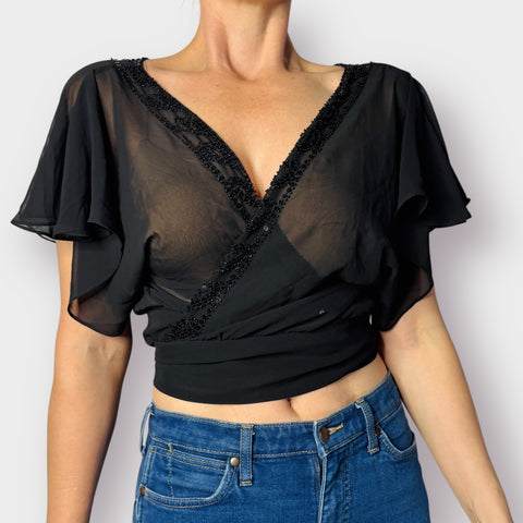 90s Black Sheer Beaded Wrap Crop Size M