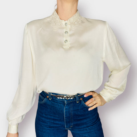 80s Valentino Cream Lace Collar Jeweled Button Blouse