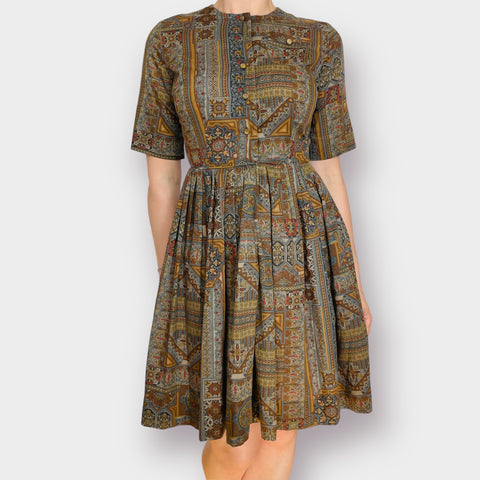 60s Carol Rodgers Brown Gray Pattern Dress