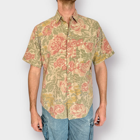 90s Tones Tan Floral Button Front Size L