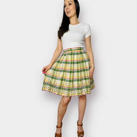 70s Green Yellow Plaid Skirt with Cut-Out Edges