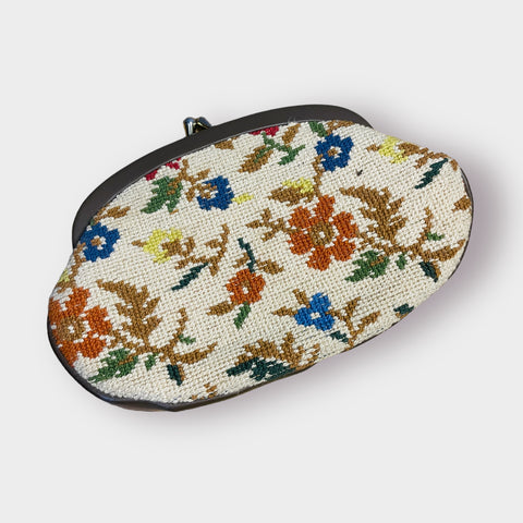 70s Floral Needlepoint Tapestry and and Vinyl Clutch