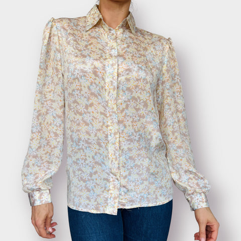 80s Peepers white and tan multi color floral blouse Size L